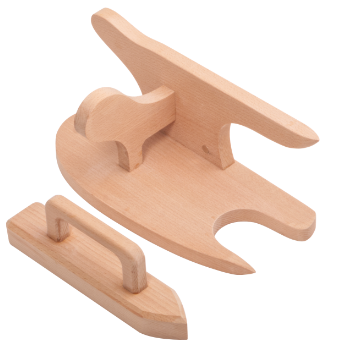 Multi-Curve board, shows wooden panelled edgeboard with a variety of curved and straight edges. With separate mini clapper with mini clapper